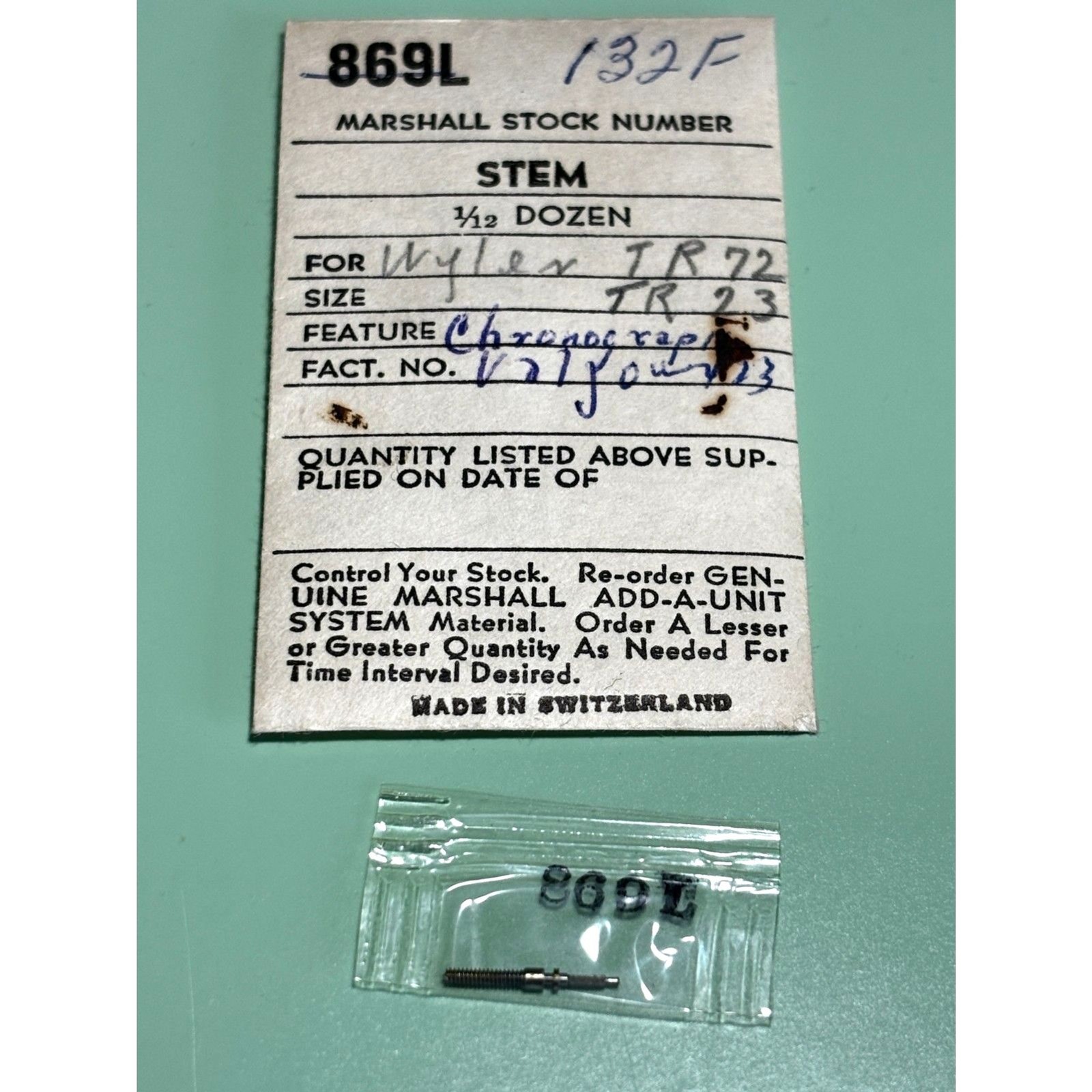 NOS Valjoux cal. 23, 72 Marshall #869L stem for vintage men’s watch, NOS