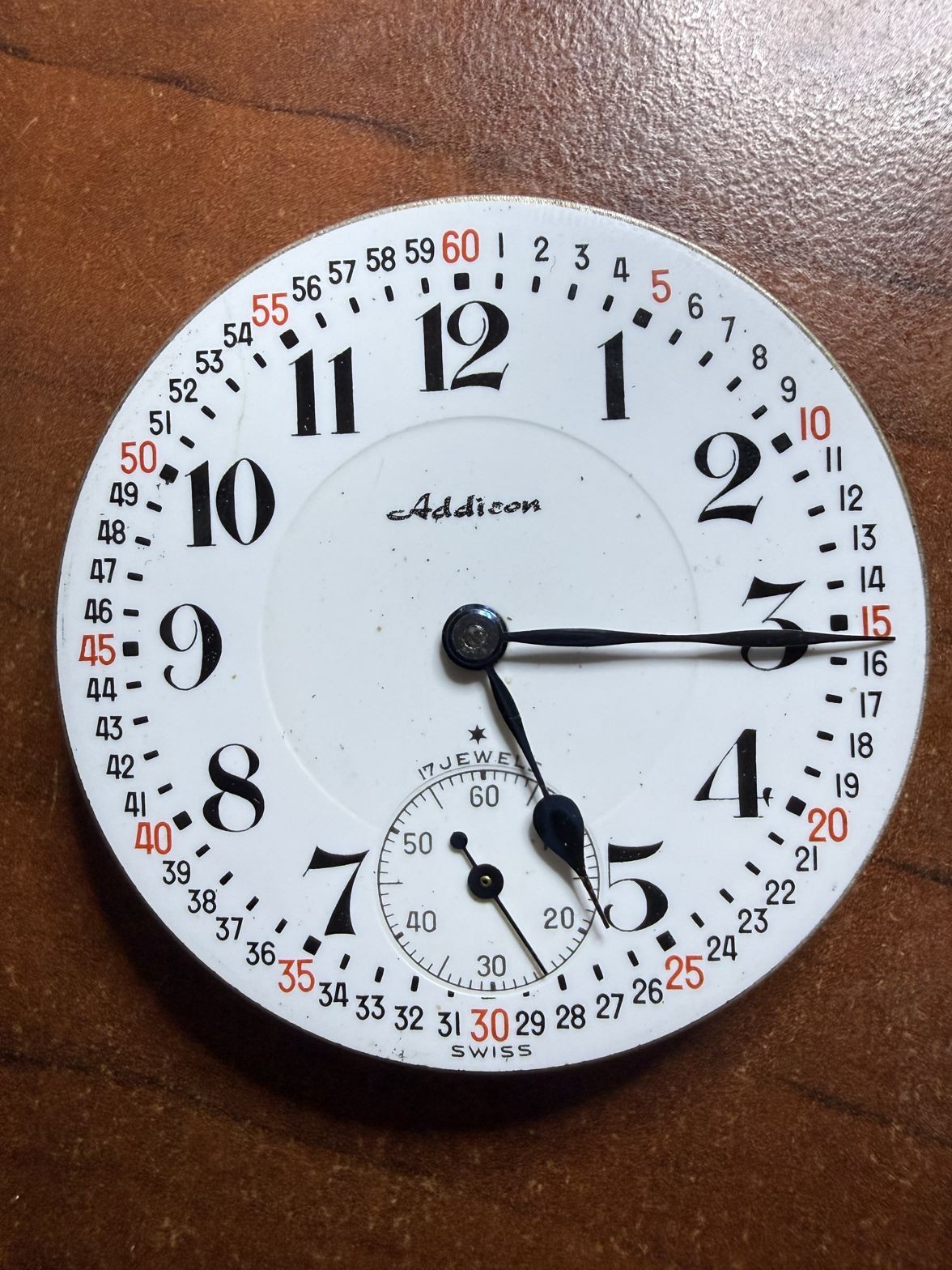 Addison Swiss 17 Jewel Pocket Watch Movement Montgomery Dial Ticks Parts Repair