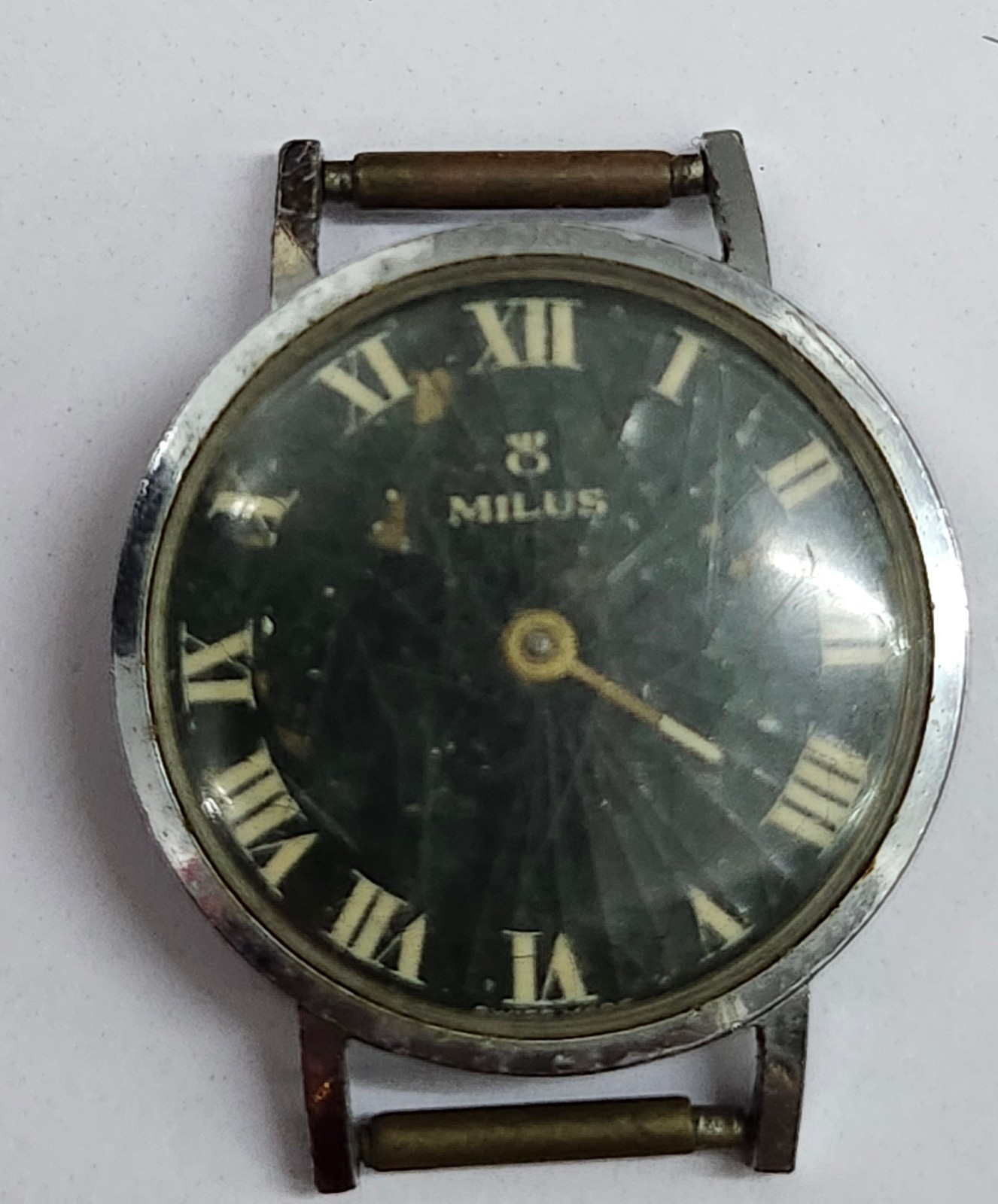 Milus 17 Jewels Manual Wind Swiss Watch Black Roman Dial – FOR REPAIR / PARTS