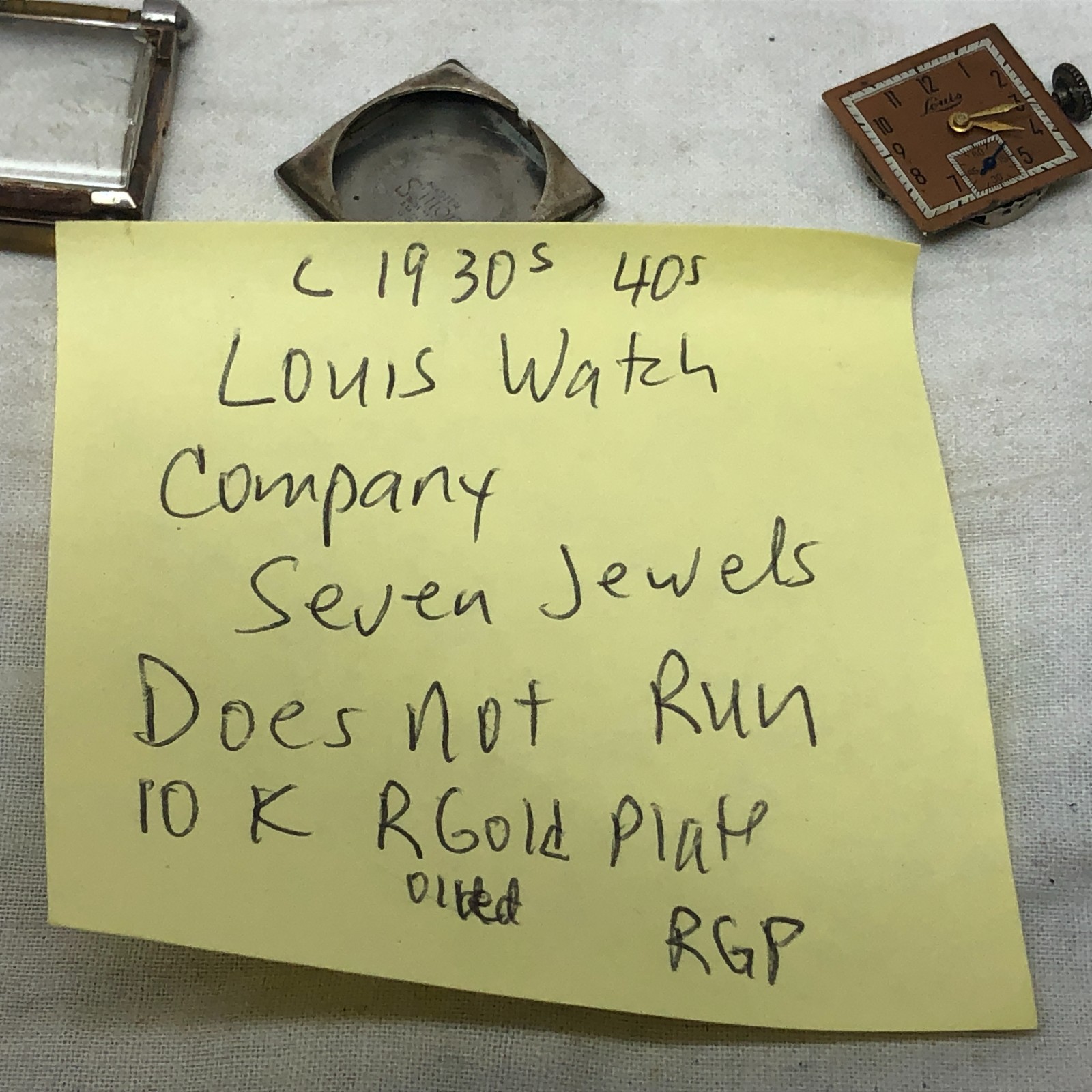 Vintage 1930-40’s Louis Watch Company 10k R Gold Plate For Parts or Repair