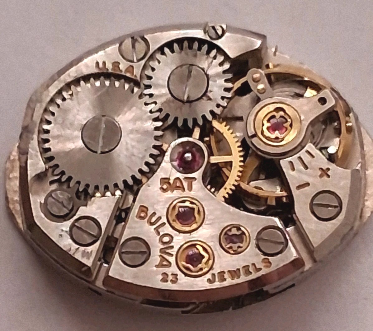 #302, Bulova 5AT. 23 Jewel Bad Hairspring. No Stem, For Parts Movement.