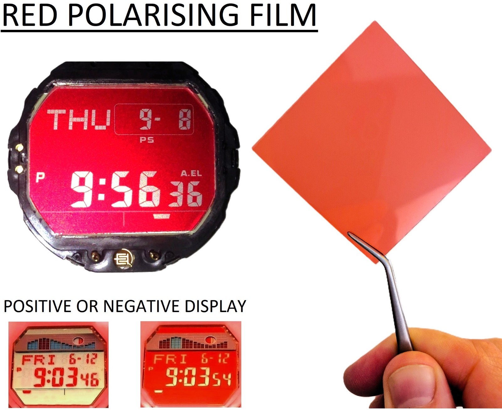 Red polarising film for digital watch mods. Dimensions: (50mm x 50mm) (2″ x 2″)