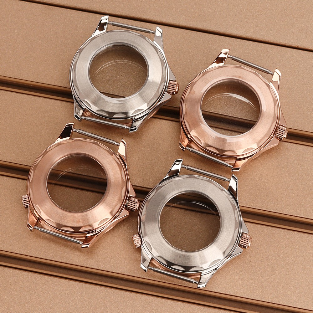 Rose Gold 41mm Watch Case Double Crown Sapphire Glass For Seiko NH34 NH35 NH36