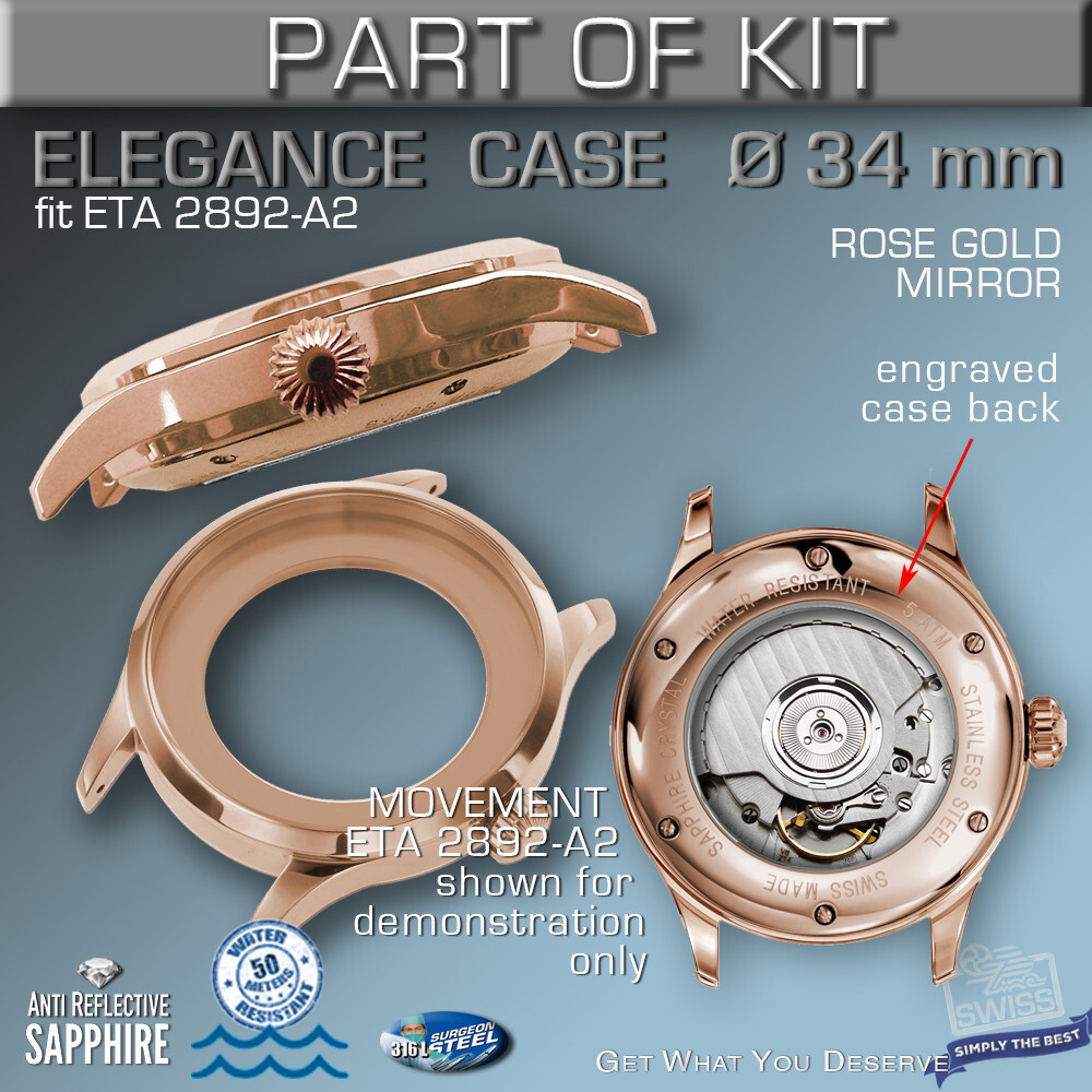 DO IT YOURSELF KIT 3: ELEGANCE CASE 34MM, DIAL, HANDS, fit ETA 2892-A2, SW300