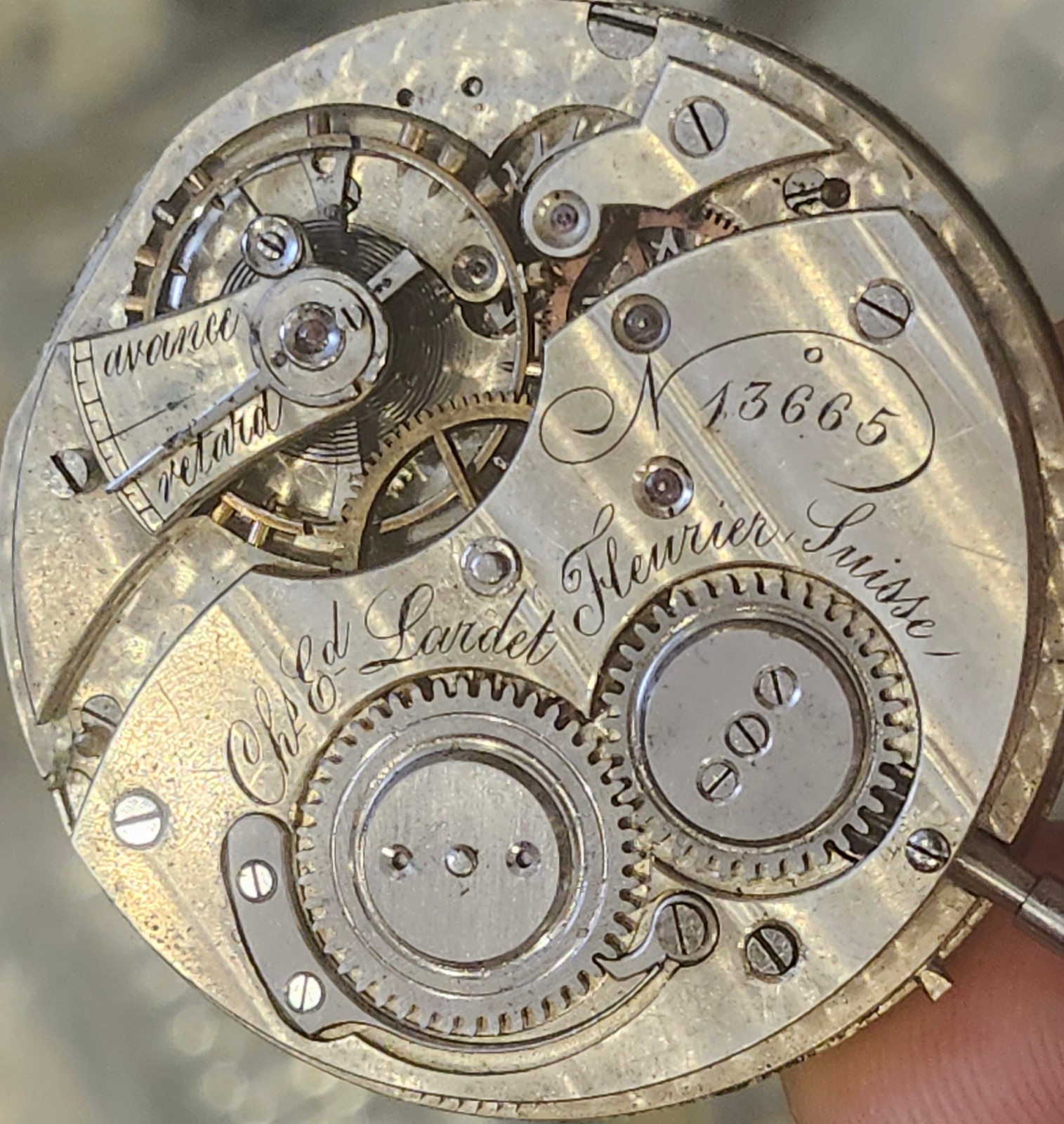Antique Ch. Ed. Lardet Fleurier Swiss Pocket Watch Movement & Silver Floral Dial