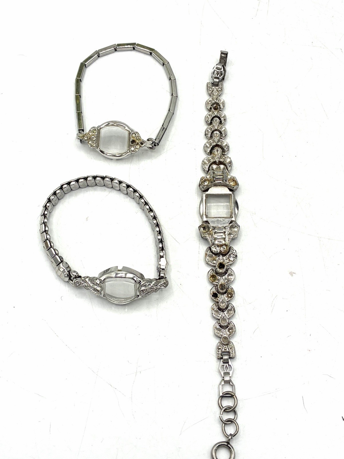 Lot 3 Vintage Faceless Watch Cases Empty Settings Missing Stones Parts Repair