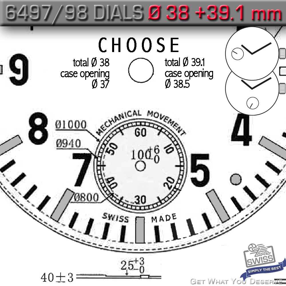 DIAL B-WATCH Ø 38 +39.1 MM, FOR MOVEMENT ETA UNITAS 6497 + 6498, 4 VARIATIONS