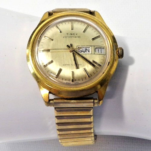 Vtg Timex Automatic Day Date Mens Watch Goldtone 37869 Speidel Band Works!