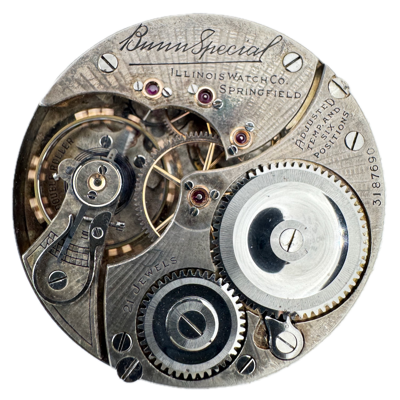 Antique 16s 1917 Illinois 21j Railroad Pocket Watch Movement Bunn Special USA