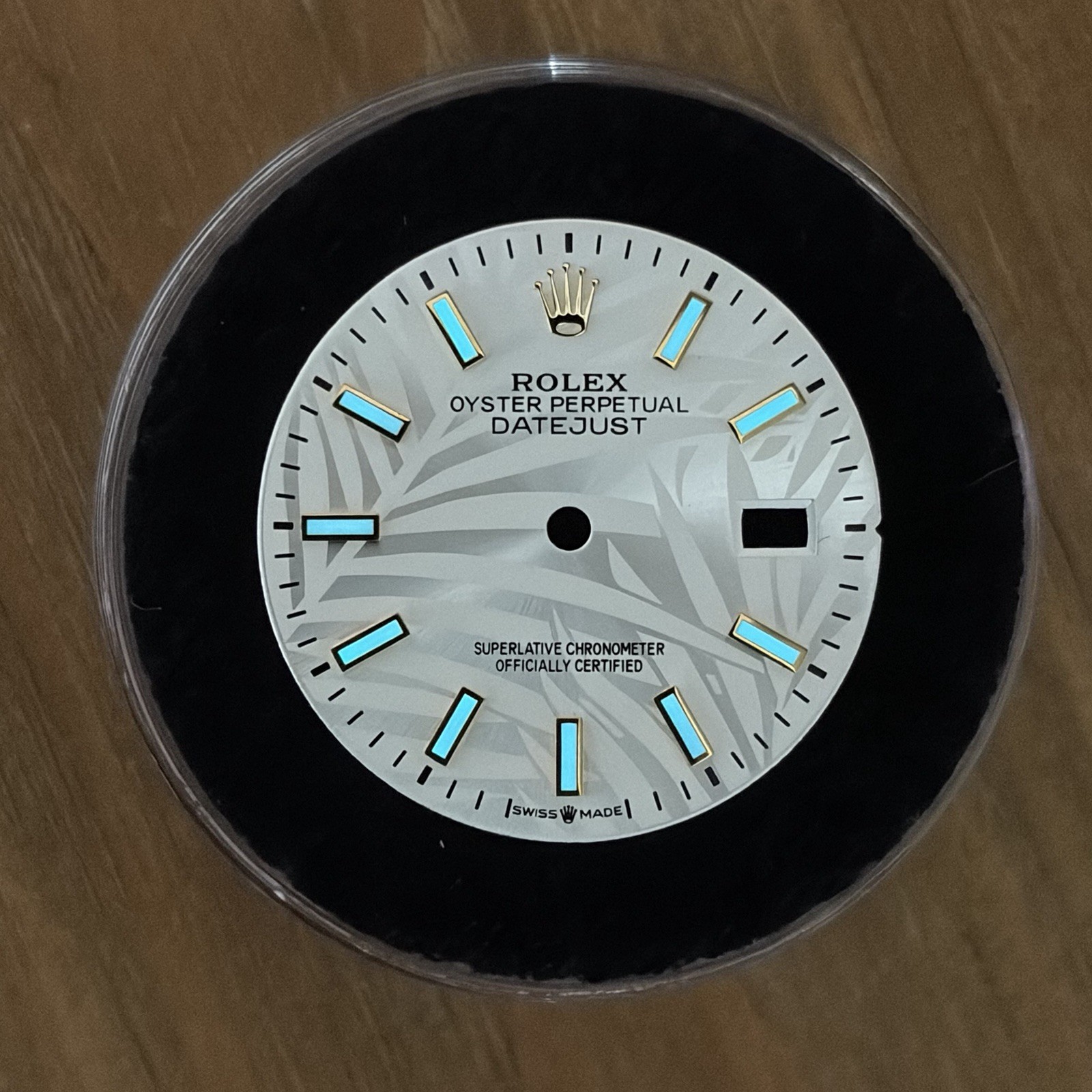 Rolex DateJust 36mm Yellow Gold Custom Silver Palm Motif Blue Lume Dial