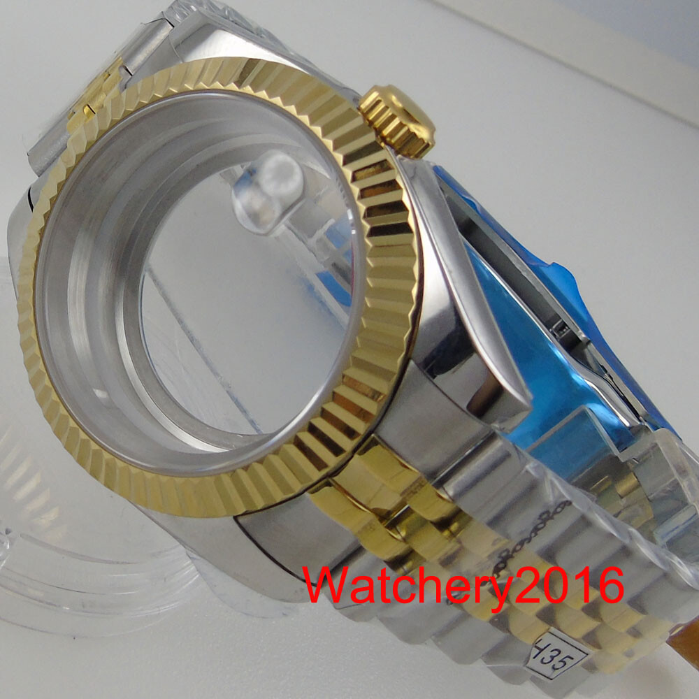 39mm Two Tone Gold Watch Case Fluted Bezel See-though Glass Back Fit NH35 miyota