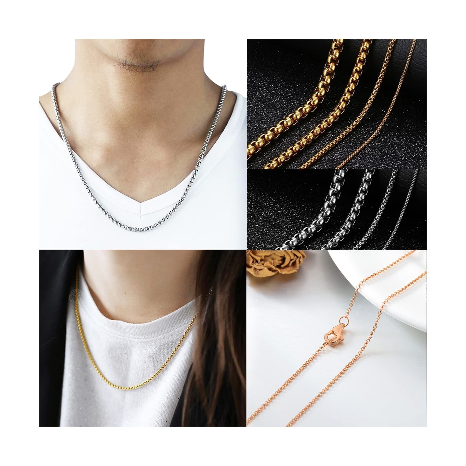 MRENITE Solid 18k Gold 1mm/1.1mm/1.3mm/3mm Round Rolo Cable Chain Necklace Go…