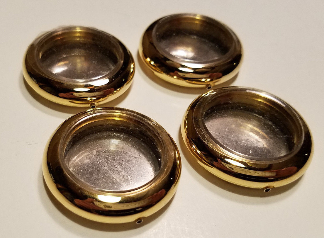 LOT (4) WATCH CASE GOLD TONE w Back & Crystal – Stamp Coin Picture + Storage Box