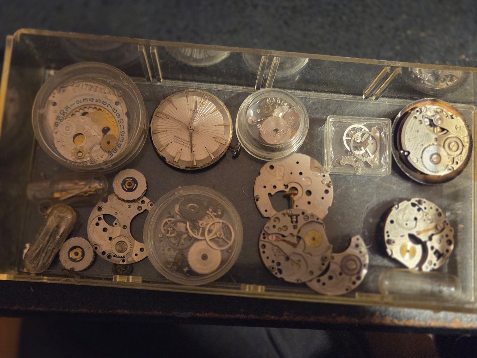 Ebosa 65 Swiss vintage. Movements & plates, parts, balance wheels. Read.