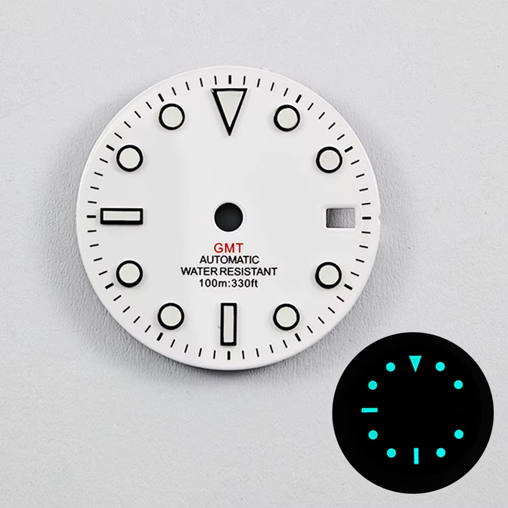 GMT 28.5Mm NO Logo Gloss Watch Dial White Black Mark Blue Green Luminous Fit NH3