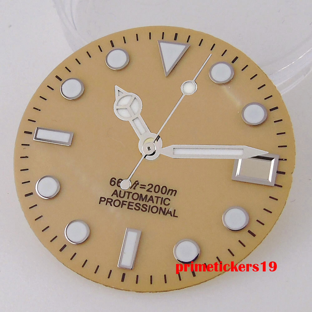 28.5mm Watch Dial Sterile Shell Face Date Hands Set Green Lume Fit NH35 Movement