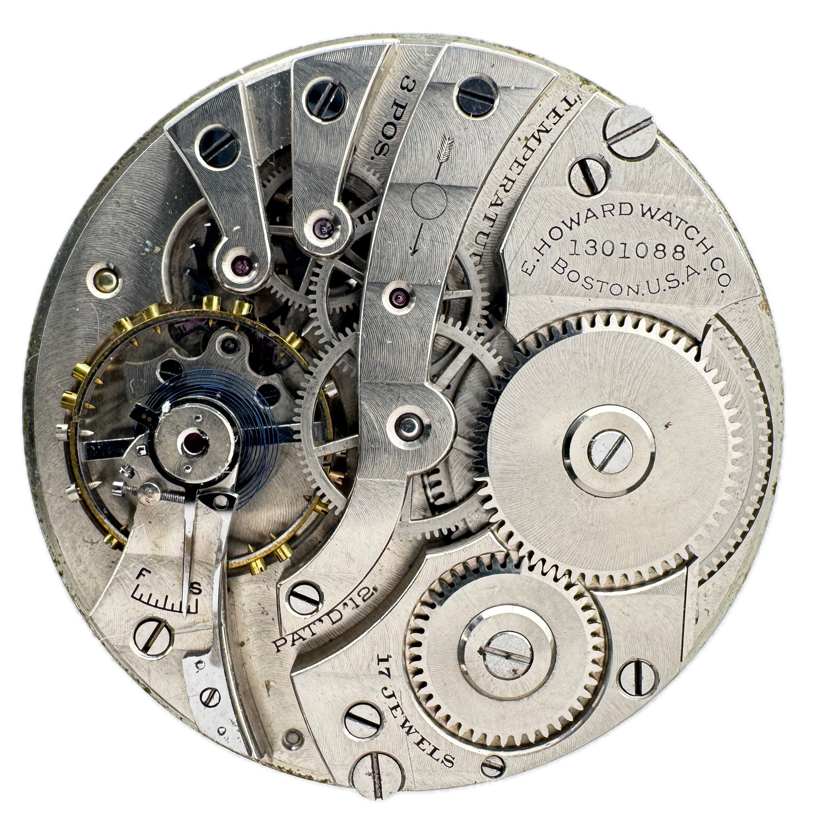 Antique 12s 1915 E. Howard & Co. Porcelain Dial Pocket Watch Movement Series 7