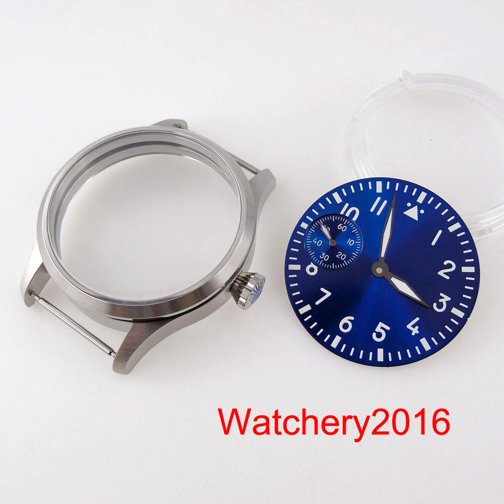 Manual Brushed 42mm Watch Case Luminous index Blue Green Dial Fit ETA 6497