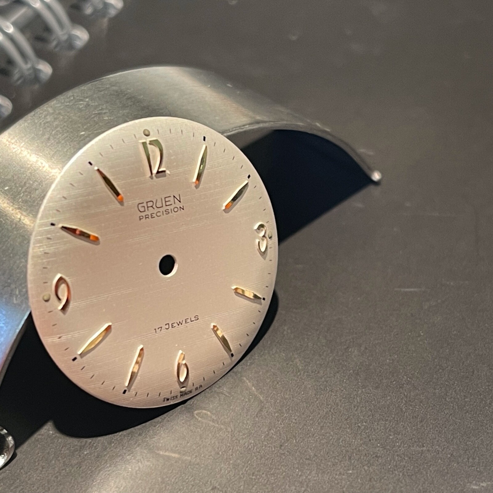 Vintage factory Gruen 510 RSS watch dial yellow markers linen finish 27.9mm size