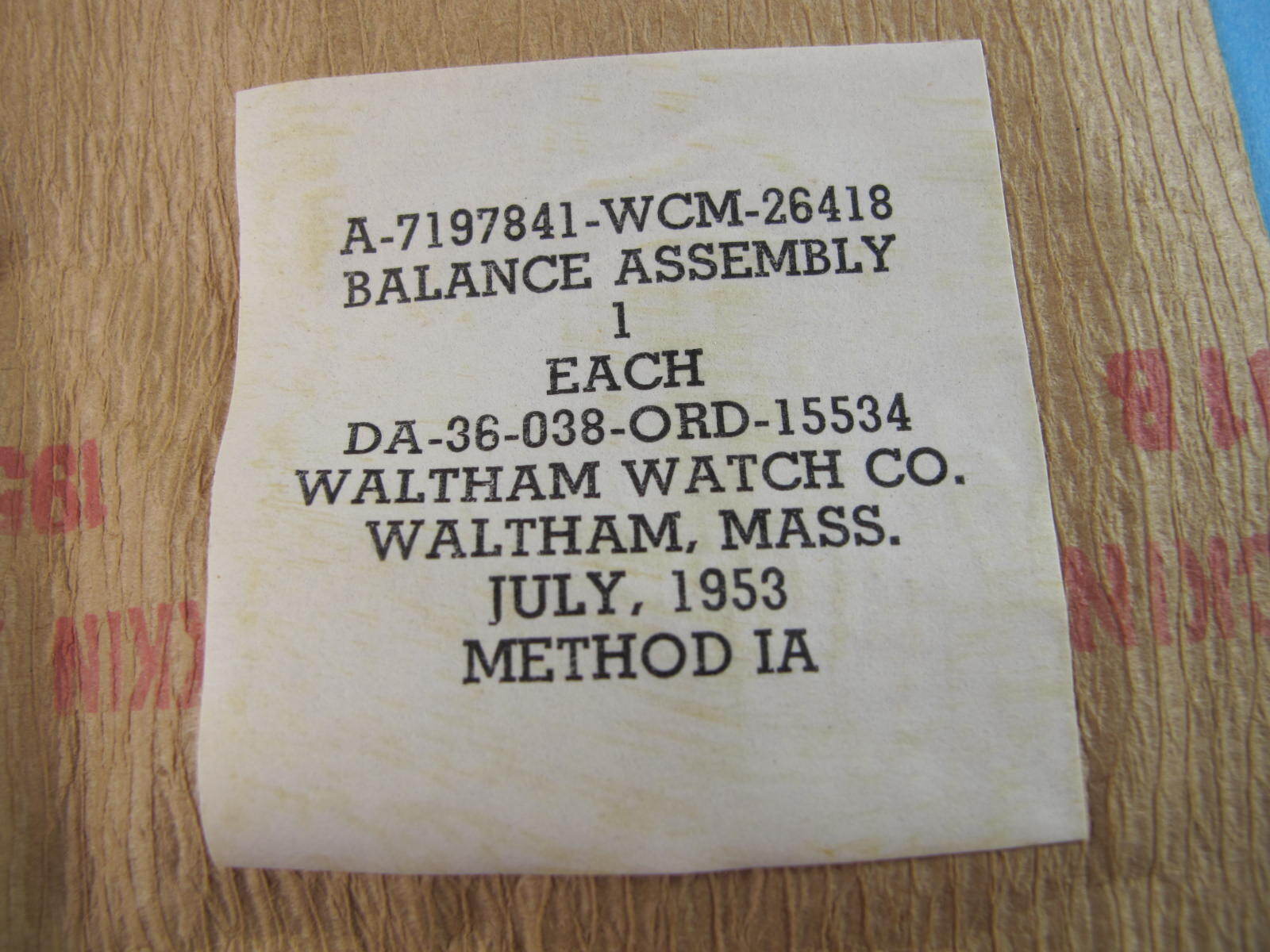 WALTHAM ORD MILITARY BALANCE ASSEMBLY COMPLETE OLD STOCK 1953