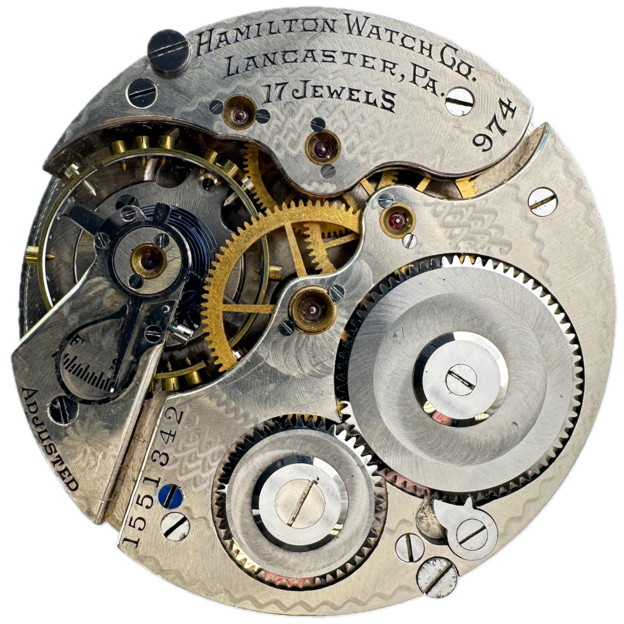 Antique 16s 1921 Hamilton 2 17J Mech Open Face Pocket Watch Movement 974 Runs