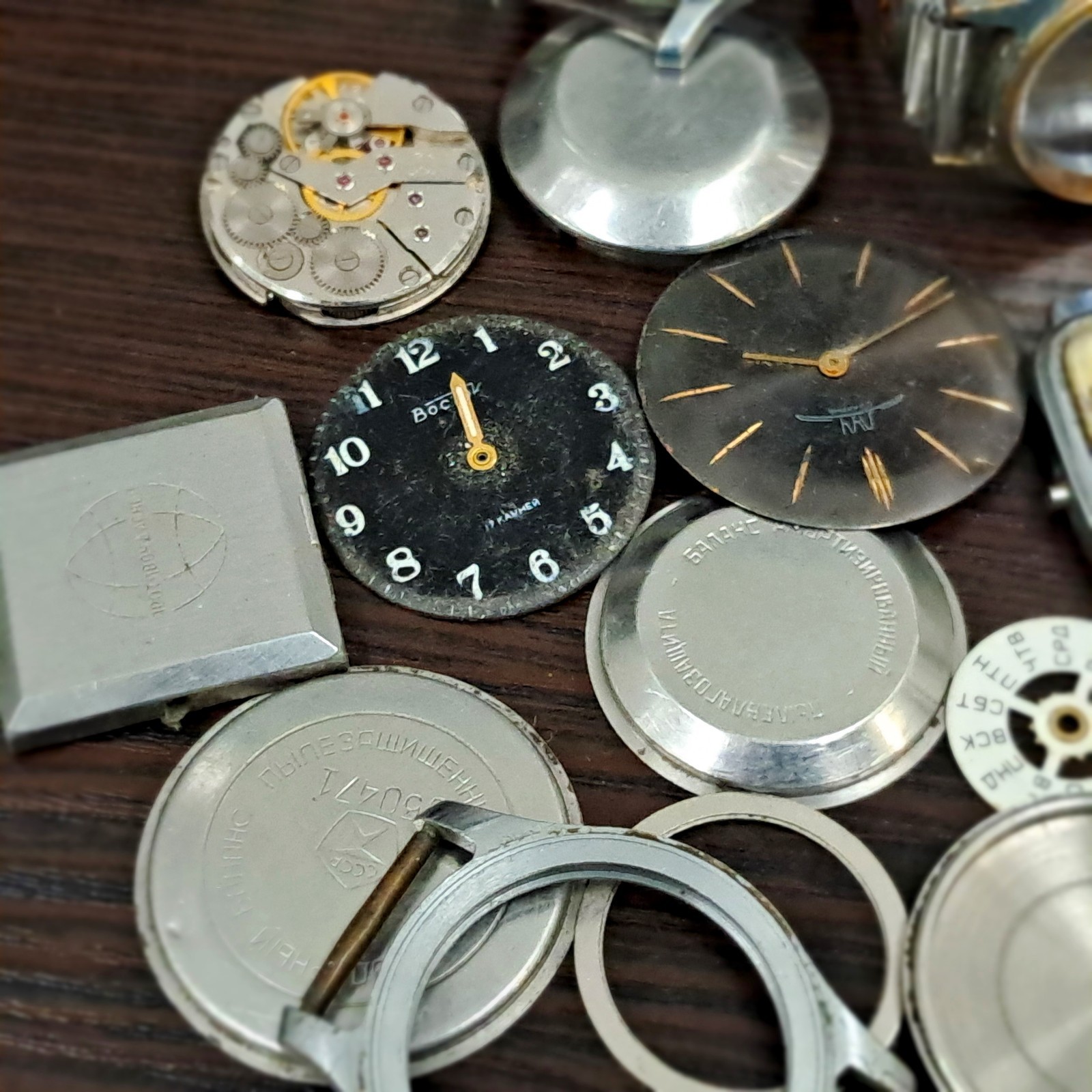 Vintage Soviet Watch Parts Lot– Raketa, Pobeda, Slava, Zarja – Cases, Dials–USSR