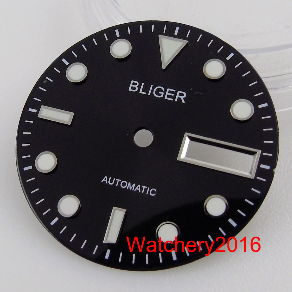 BLIGER 29mm Sunburst Watch Dial Green Luminous Double Date Window fit NH36 NH36A