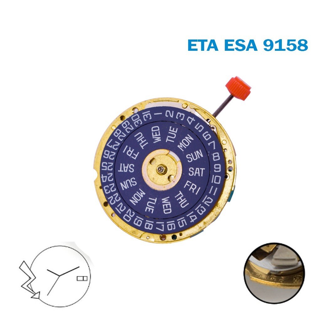 ETA/ESA 9158 Swiss Made Movement, Blue Day & Date Disks on 3.