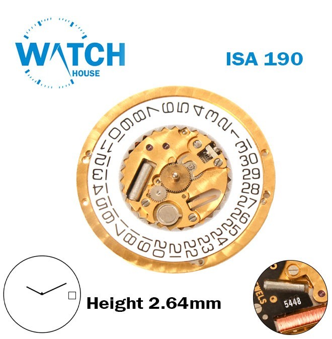 ISA 190 Watch Movement Swiss -H:2.64mm-White Date Disk at 3-2 Hands-Decorated.