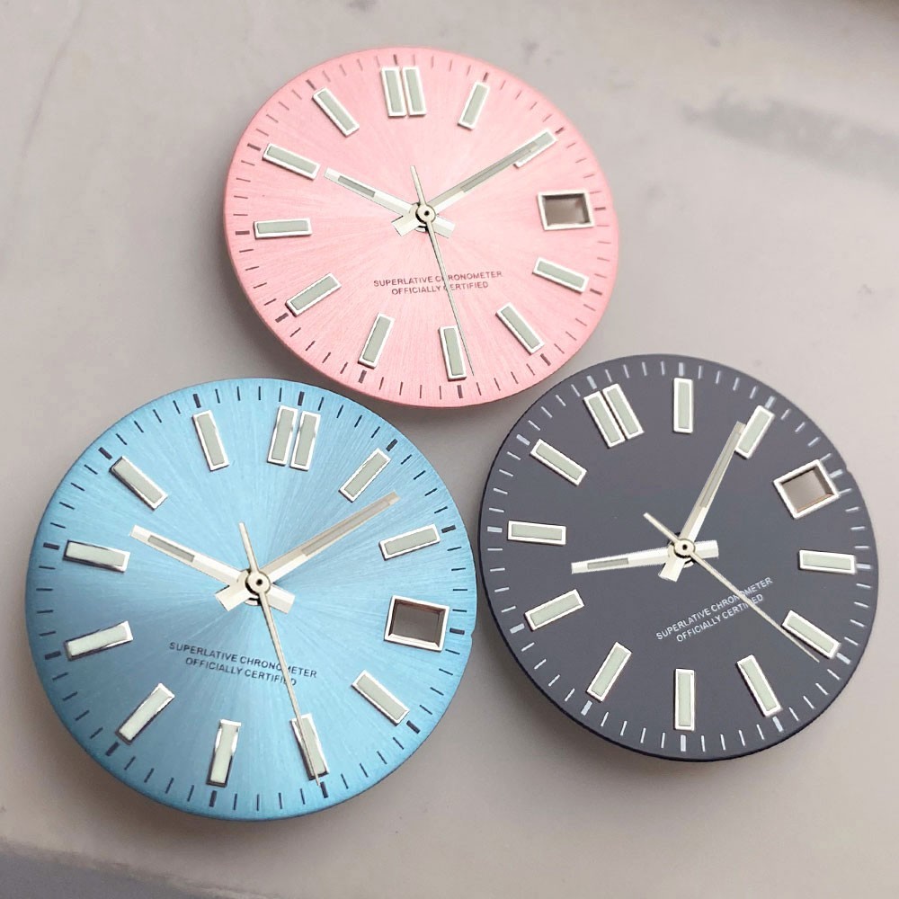 29mm NH35 Watch Dial Black/Pink/Blue Sunburst Face Luminous Baton Markers Date