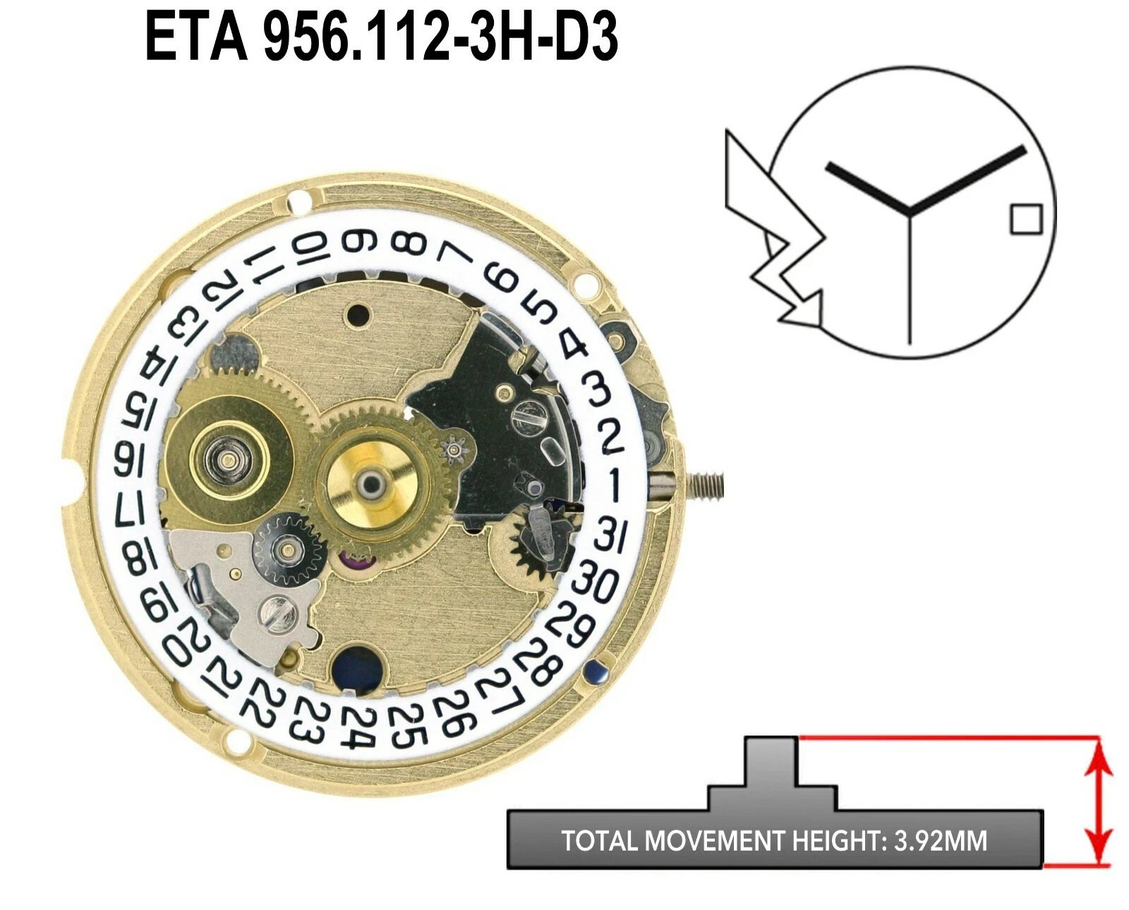ETA 956.112, 3 Hands, Swiss Made Quartz Movement Ht. 3.90MM (Various Dates)