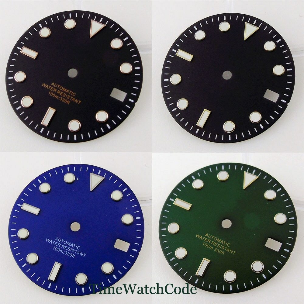 29mm Black/Blue/Green Sterile Watch Dial Fits NH35A Movement Date Luminous