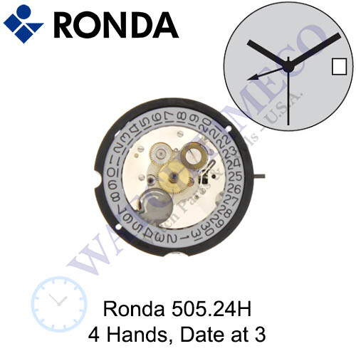 Genuine Ronda 505 24H Watch Movement Swiss Parts 4 Hands, Date at 3