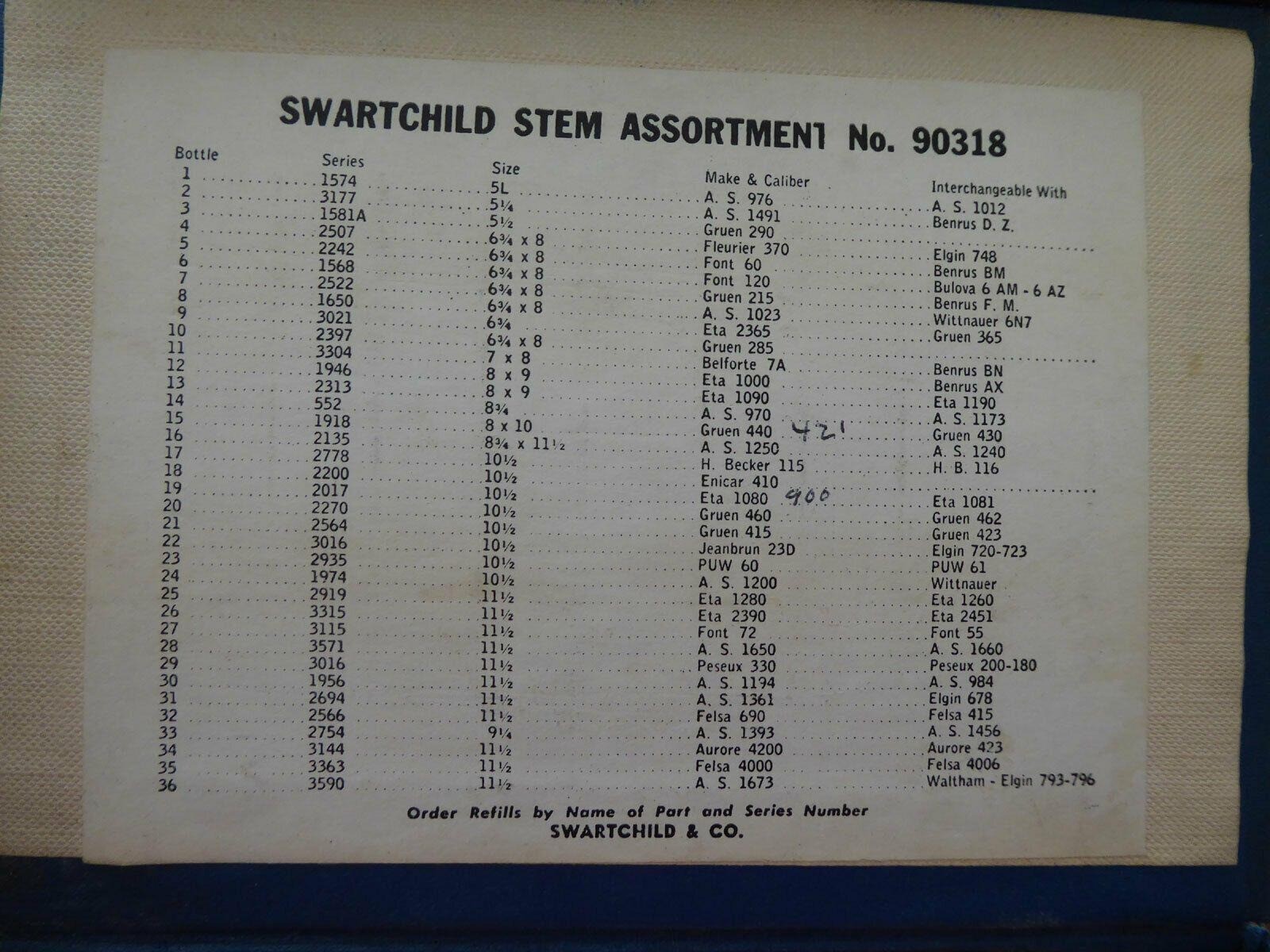 Vtg Swartchild Stem Assortment No 90318 Watchmaker Kit 34 Vials w/ Parts & Chart