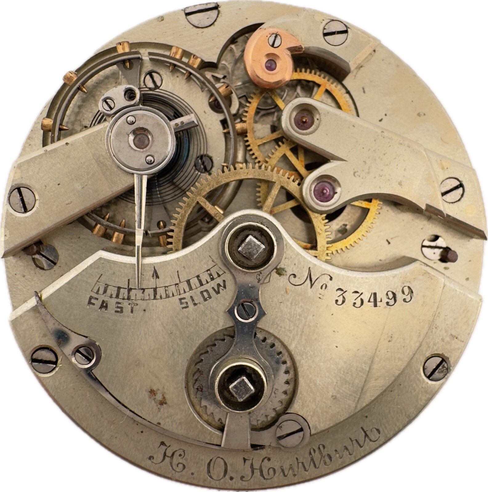 Antique 38mm Hurlburt 16Jewel Key Wind Pocket Watch Movement Charles Jacot Swiss