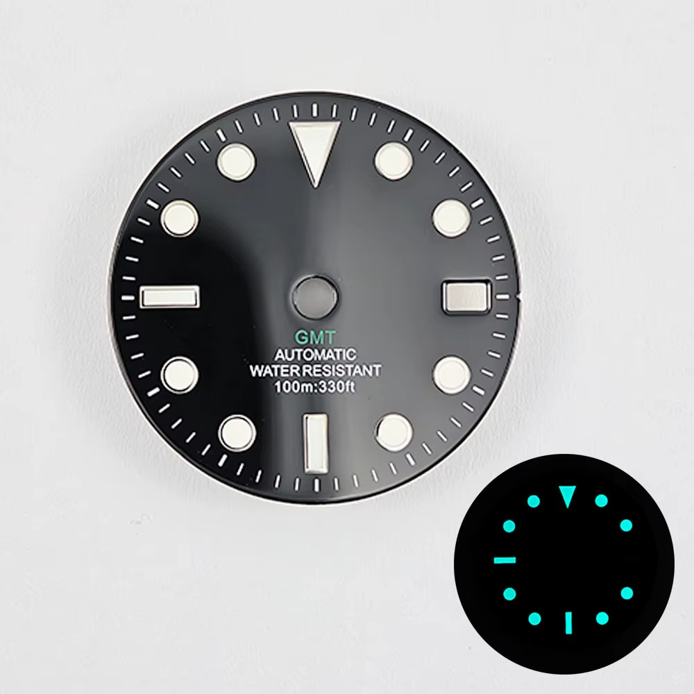 GMT 28.5Mm NO Logo Gloss Watch Dial White Black Mark Blue Green Luminous Fit NH3