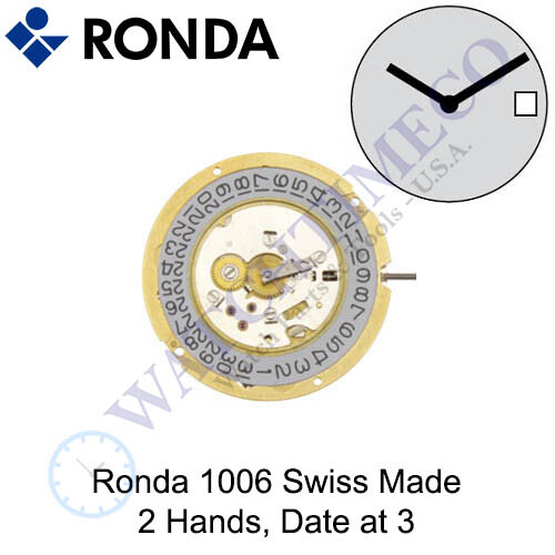 Genuine Ronda 1006 Watch Movement Swiss Made 2 Hands, Date at 3