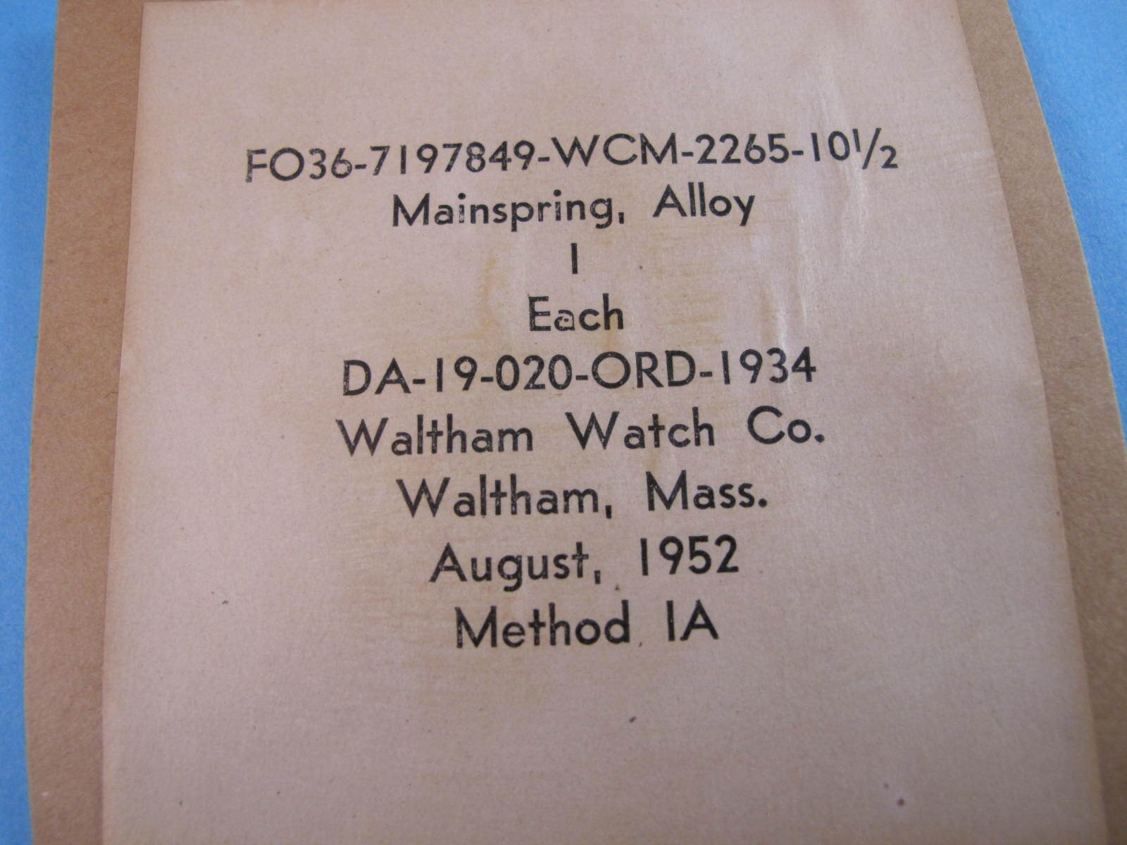 waltham ord military watch mainspring part WCM 2265 10 1/2 LIGNE OLD STOCK 1952