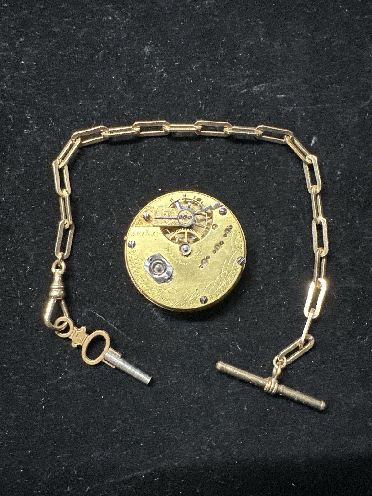 Vintage Working American Waltham Pocket Watch Movement W/winding Key /GF Chain