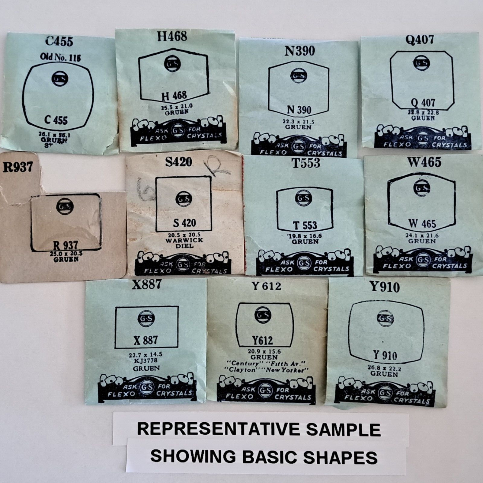 GRUEN CRYSTAL early models NOS GS Acrylic flat bezel (C,H,Q,R,S,T,W,X,Y series)