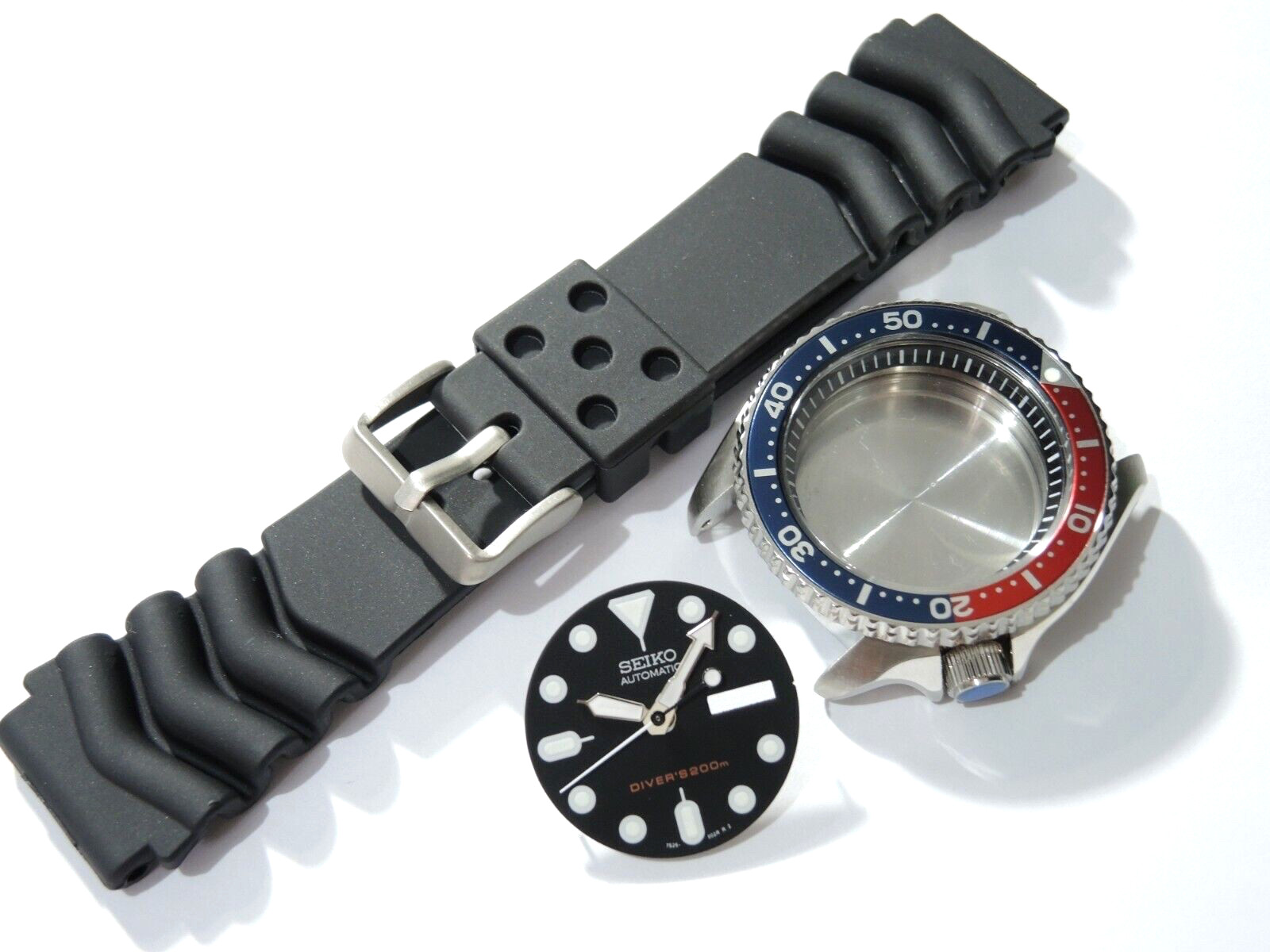 NEW STAINLESS PEPSI CASE,CROWN,DIAL,HANDS,STRAP LARGE DIVERS SKX007 (7S26-0020)