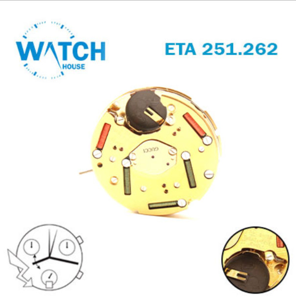 ETA 251.262 Gucci-Swiss Chronograph Movement-3 Counter-White Date at 6-H:6.59mm.