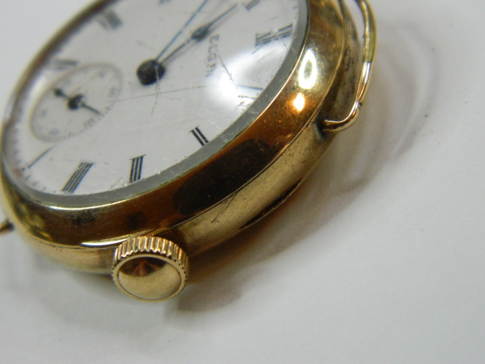 1908 PRE-WW1 ELGIN 0S 10K GOLD FILLED WIRE LUGS TRENCH WATCH – FINE CASE -REPAIR