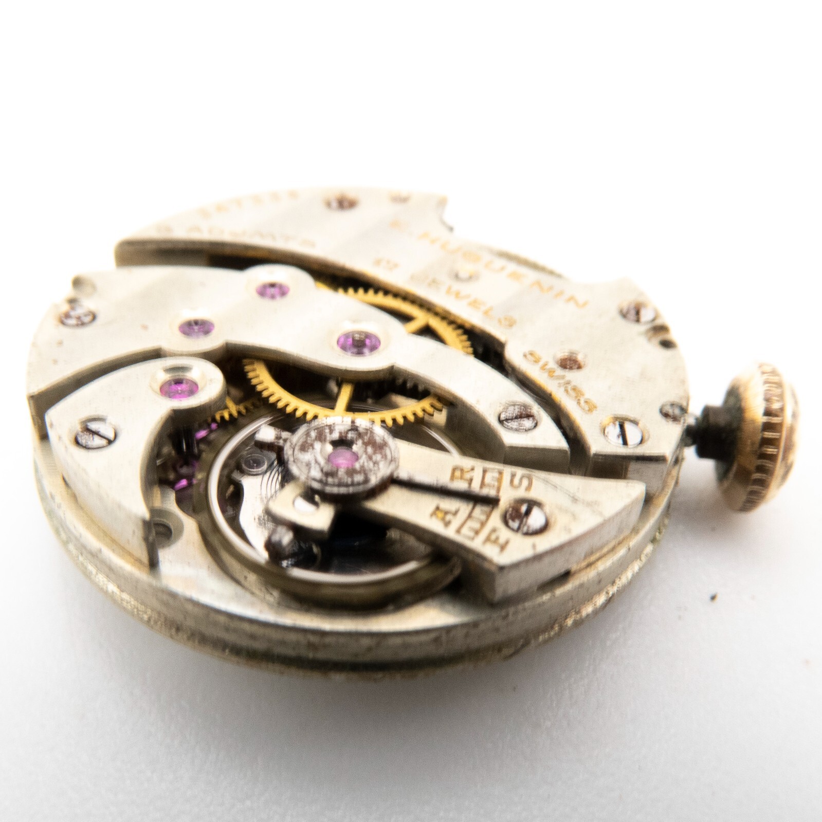 Partial Vintage E. Huguenin High Grade Swiss Wristwatch Movement w/Fancy Crown
