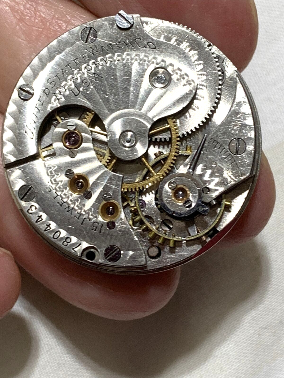 United State Watch Co. New York Pocket Watch Movement White Dial Gold Hands 0