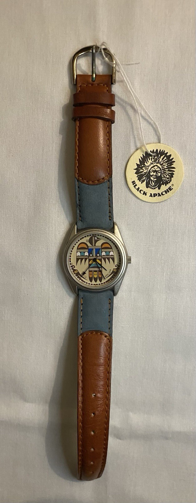 Vintage BLACK APACHE Watch Leather Band French Movement Native American Dial NOS