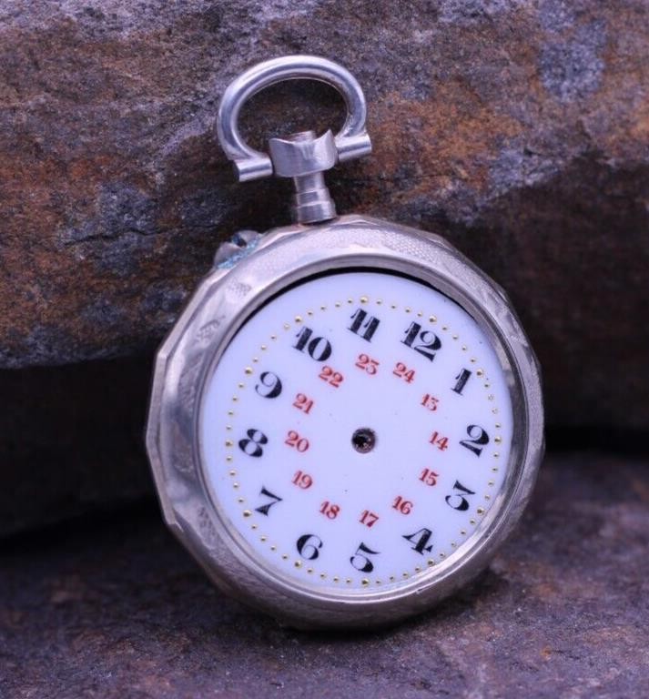 ARGENTAN LADIES SWISS POCKET WATCH FANCY CASE & DIAL 30.5mm DIAMETER NOS (ES)