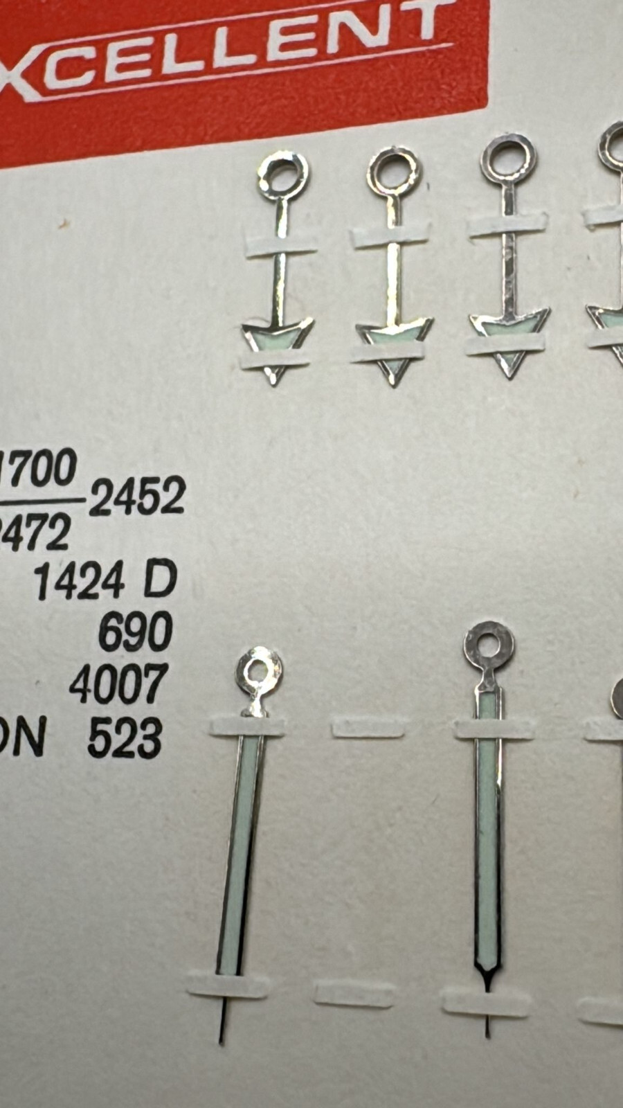 Vintage tritium hands pair 90/150 hours 11mm and minutes 15mm swiss made 11.5”’