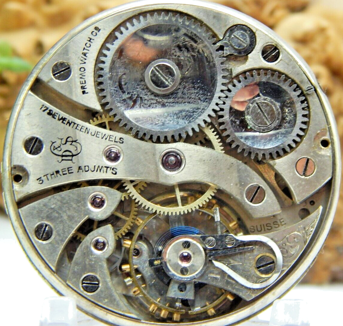 Antique Pocket watch movement Premo by D. Gruen & Sons 12 size 17 jewels 3 adjus