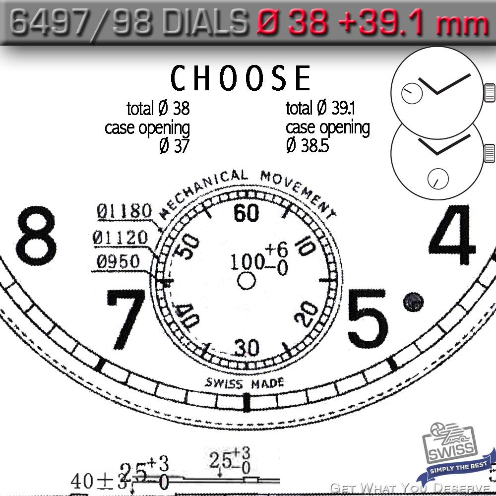DIAL CLASSICAL Ø 38 +39.1 MM, FOR MOVEMENT ETA UNITAS 6497 + 6498, 8 VARIATIONS